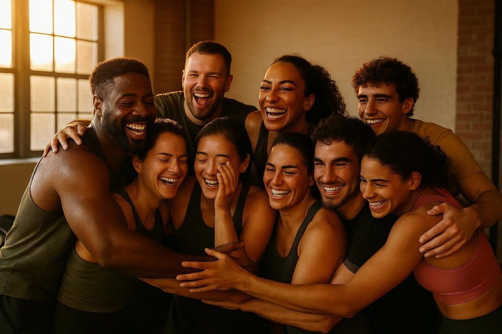 Участники «Формы» обнимаются после тренировки — момент настоящей связи, доверия и общего достижения.