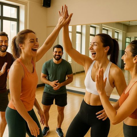 Группа людей разных возрастов и телосложения улыбаются и поддерживают друг друга во время тренировки в современном зале «Фитне-судьи 